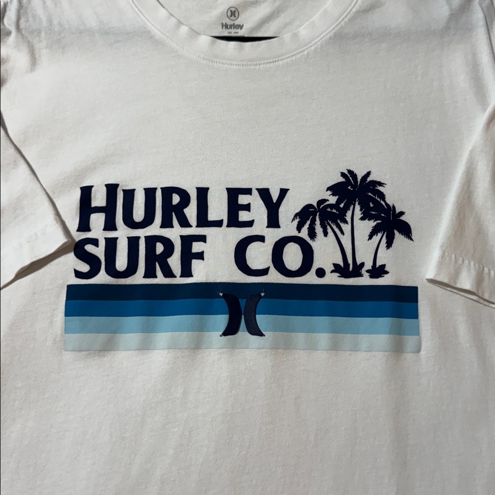 Hurley White Short-Sleeve Tee with Navy and Blue Surf Graphic